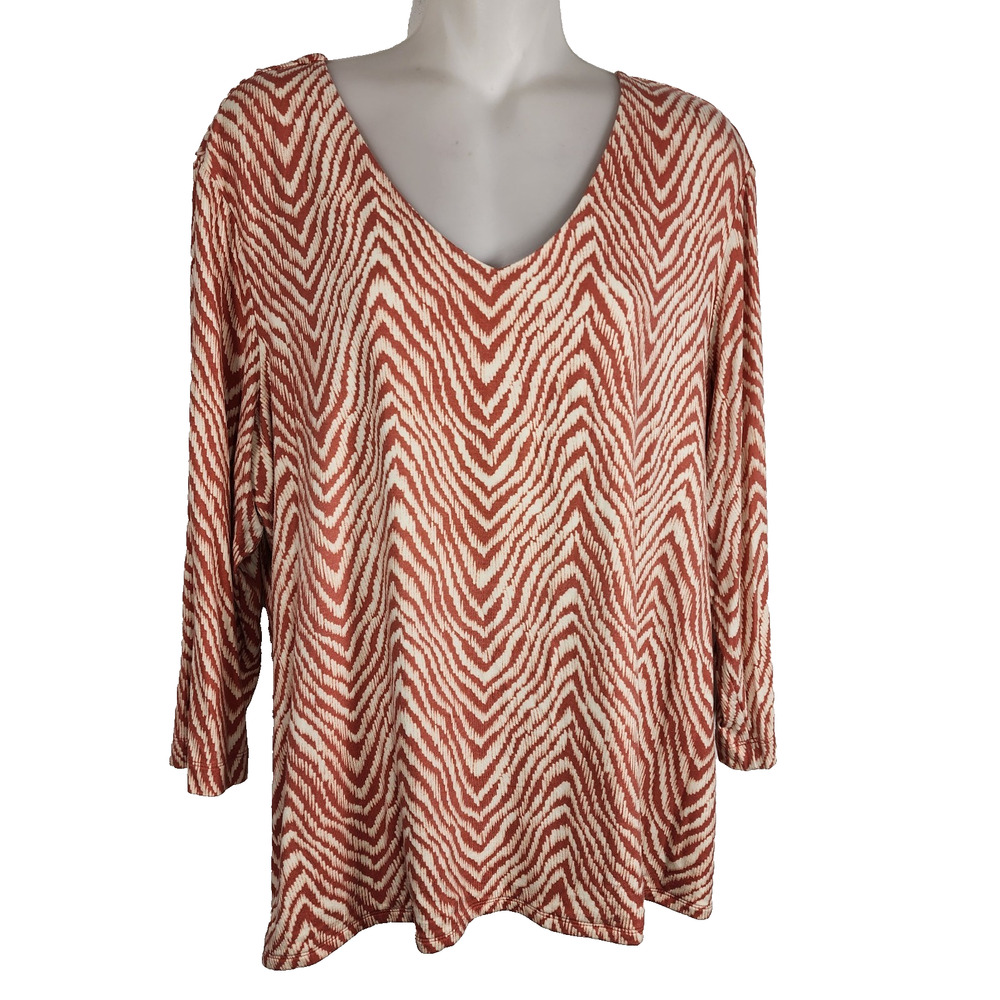 Chico's Womens Top V Neck Size XL Chevron Abstract 3/4 Sleeve Knit Casual Tribal